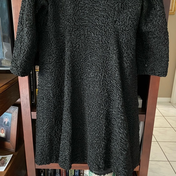 Curly Lamb Long Coat Wool Fur Black Persian Silk Lined Velvet Pockets Vintage - Picture 11 of 13